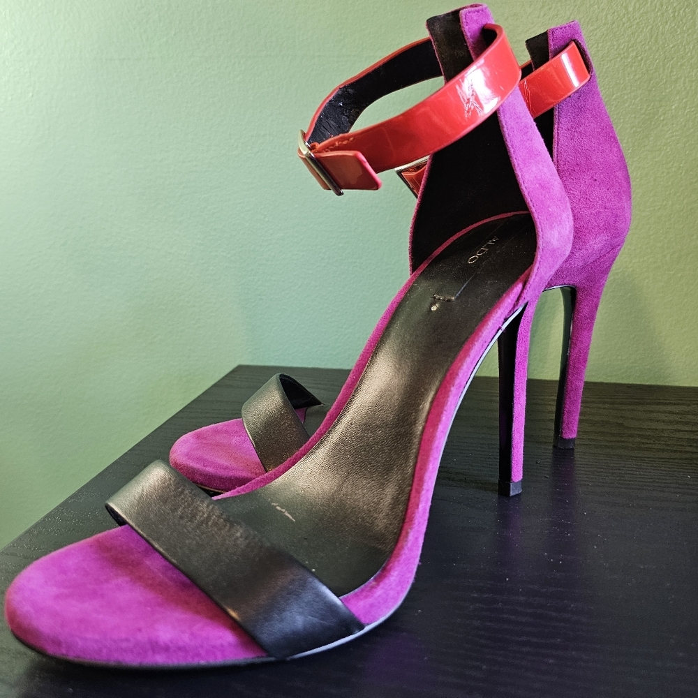ALDO Red and Purple Color Block Strappy Heels 4" Women's Size 8
